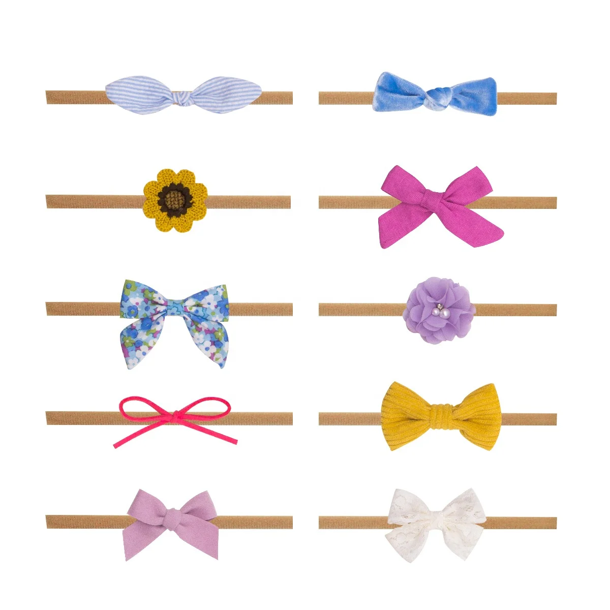 Baby Girl Headbands and Bows, Newborn Infant Toddler Nylon Hairbands Mixed Set of 10