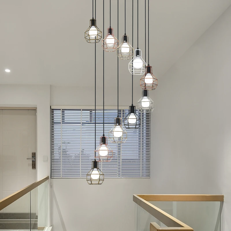 Nordic Modern Duplex Iron Multi Head Combination Loft Industrial Style Staircase Long Grenade Black E27 Stair Pendant Lamp