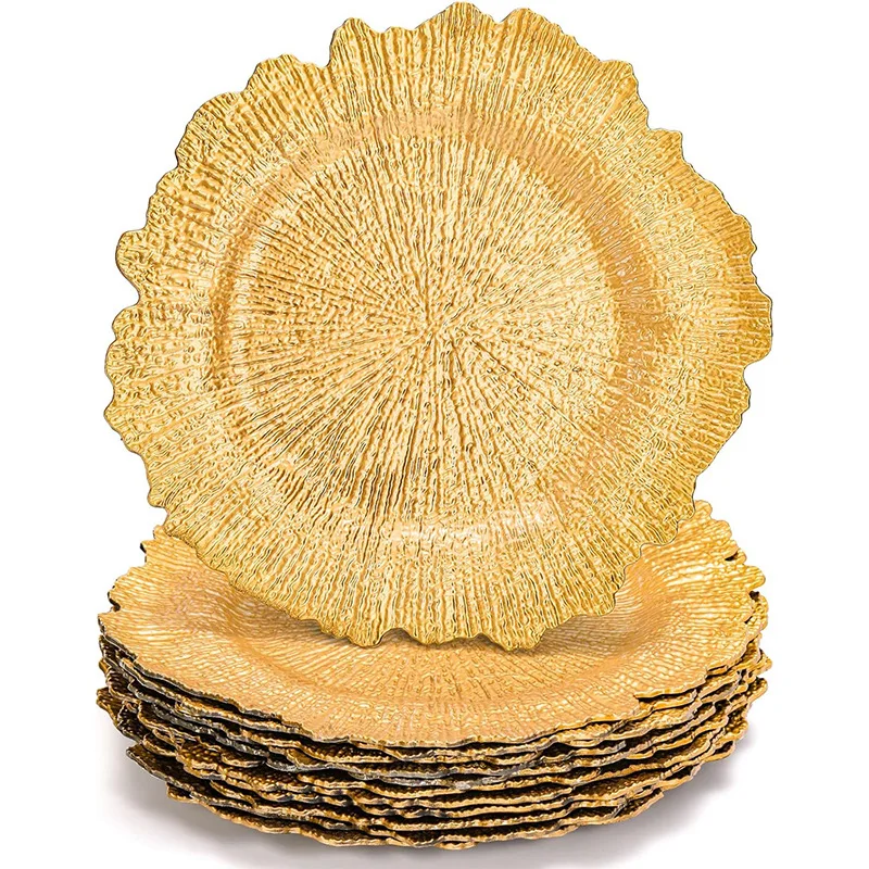 Plastic Reef Charger Plates Glossy 13' Charger Plates Floral Rim Luxury Charger Plates Gold for Wedding Decoration