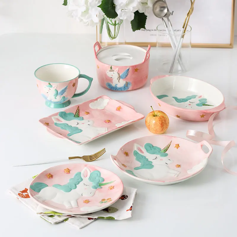 Мультяшные тарелки для столовой посуды, креативный набор керамической посуды с ручной росписью, единорог, миска для риса, ложка, тарелка, бытовые столовые приборы