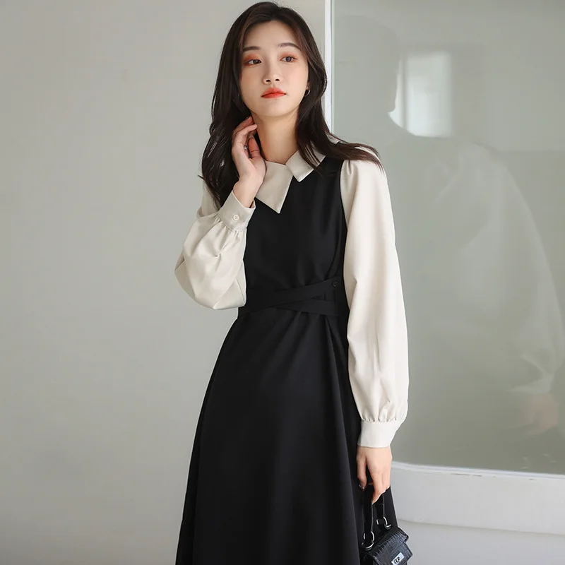 Fashion Designer Black Vintage Dress Women Lapel Long Sleeve Sashes Gathered Waist Spliced Slim Long Dress