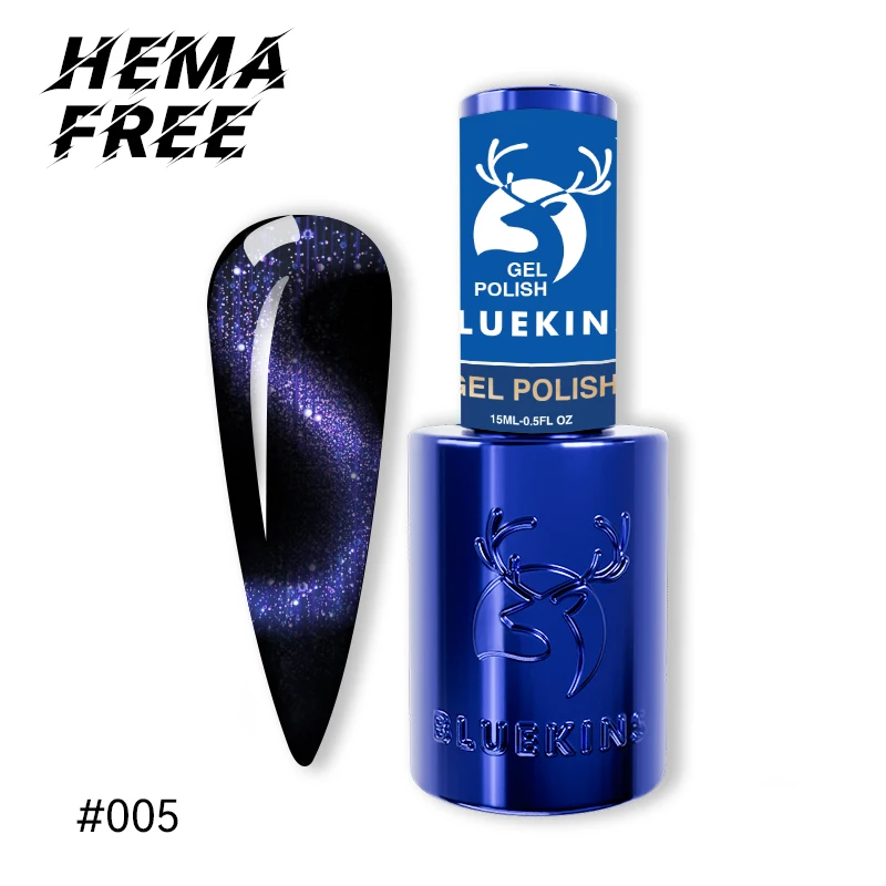 BLUEKINS Hema Free Gel High Pigment 15 ml Organic Vegan Wholesale Nail Supplies Custom Private Label UV Nail Cat Eye Gel Polish