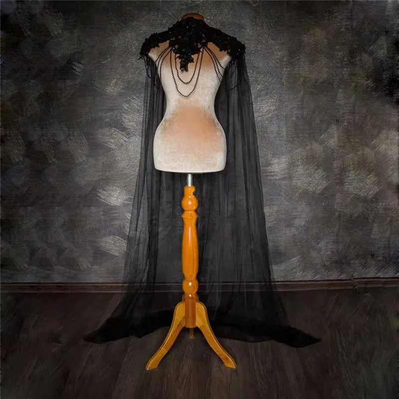 Beautiful Beaded Embroidered Stereo Flower Shawl Black Mesh Lace Cloak Black Pearl Bride Wedding Cloak