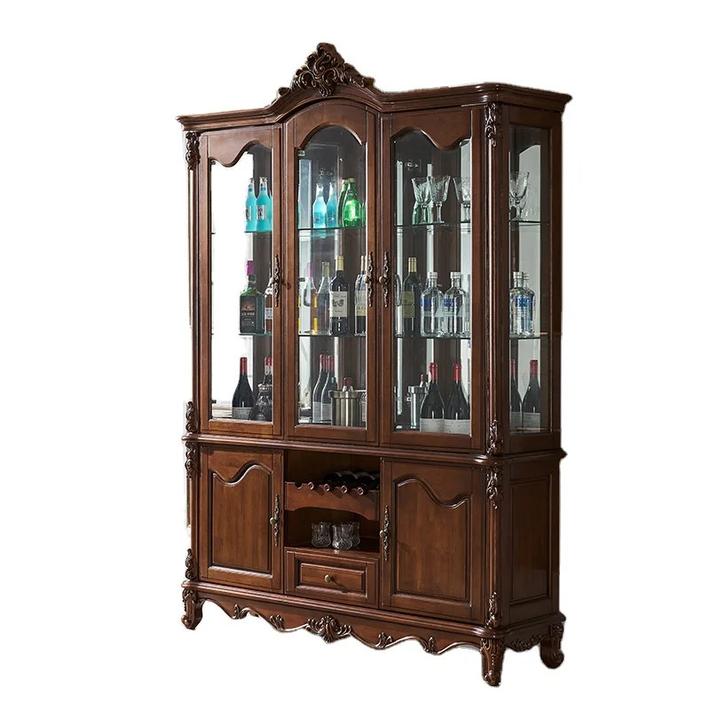 Z318 Chinese factory Outlet European antique wooden living room furniture floor wine cabinet Carved sideboard Glass Door cabinet
