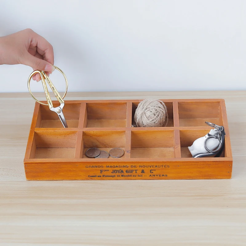 Wholesale hot sale retro style multifunctional 8 compartment wooden box bedroom desktop jewelry storage box wooden organizer