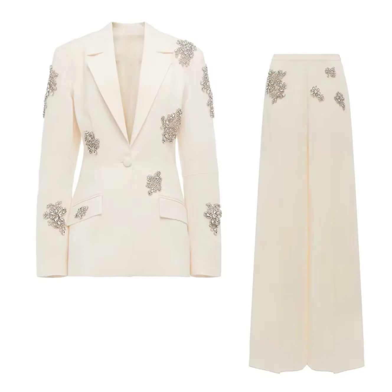 In Stock Newest 2024 Designed European Stylish Lady Office Fashion Rhinestone Suit Single Button Blazer Loose Pants Women 2pcs