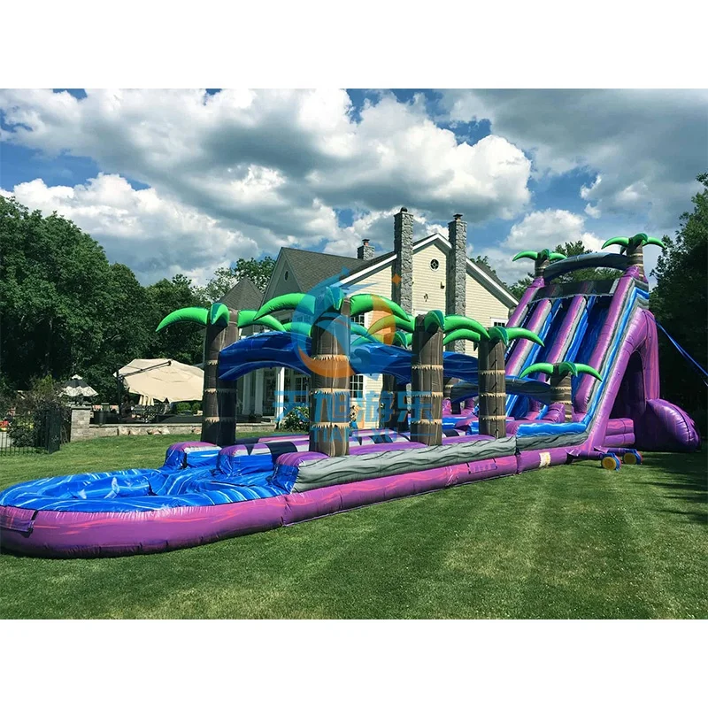 Tropical Purple Lightning Dual Lane Water Slide 30Ft Rapid Crush Plunge Custom Size PVC Indoor/Outdoor Monster Inflatable Pool