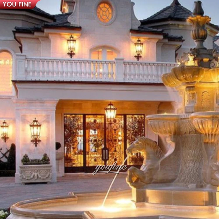 Modern Outdoor Large Natural Stone Marble Garden Water Fall Fountain with Horse Sculpture