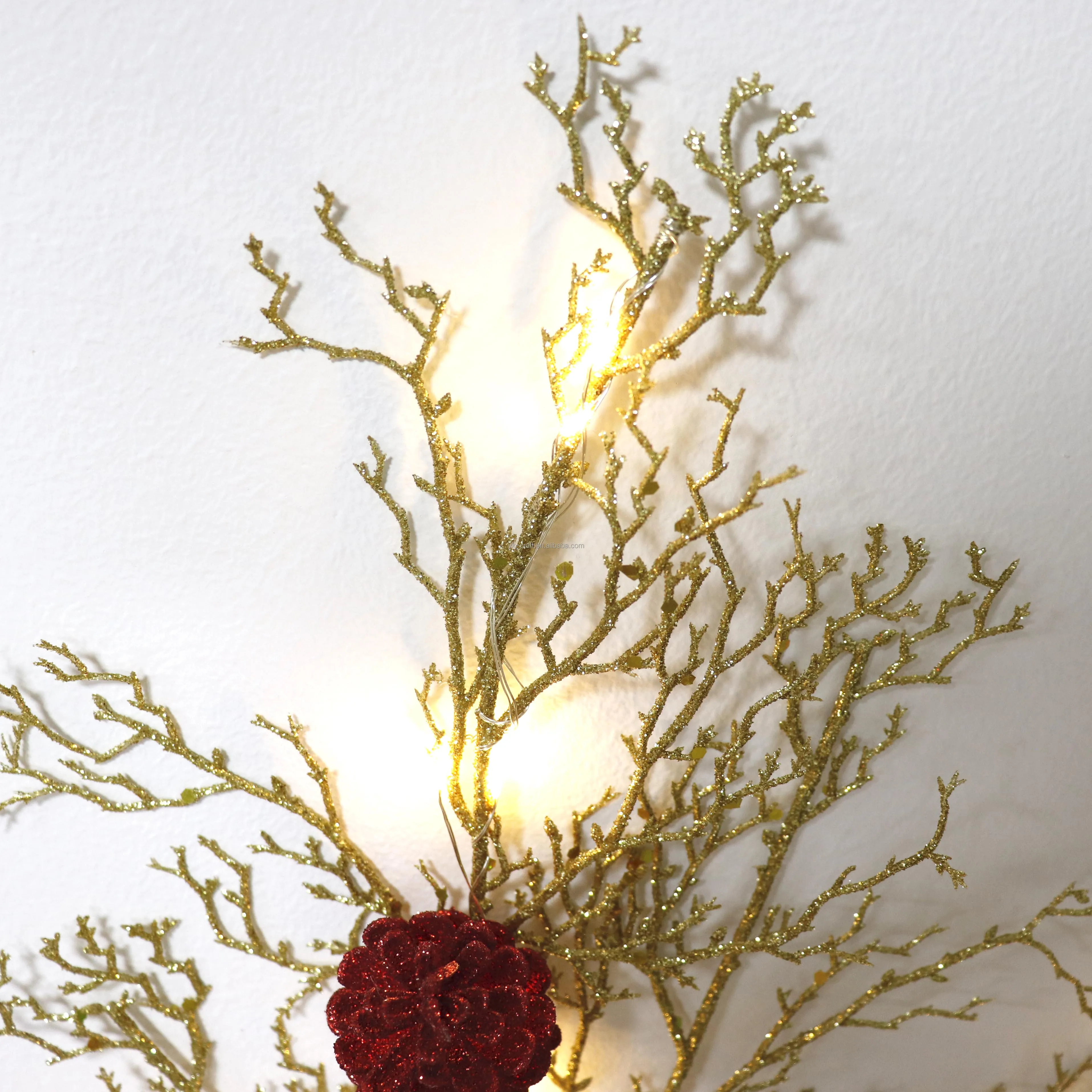 Wholesale Plastic Gold Leaves Picks Pine Cone With Red Flowers Spray Glitter Branch Xmas Decoration Long Pick With Led Lights