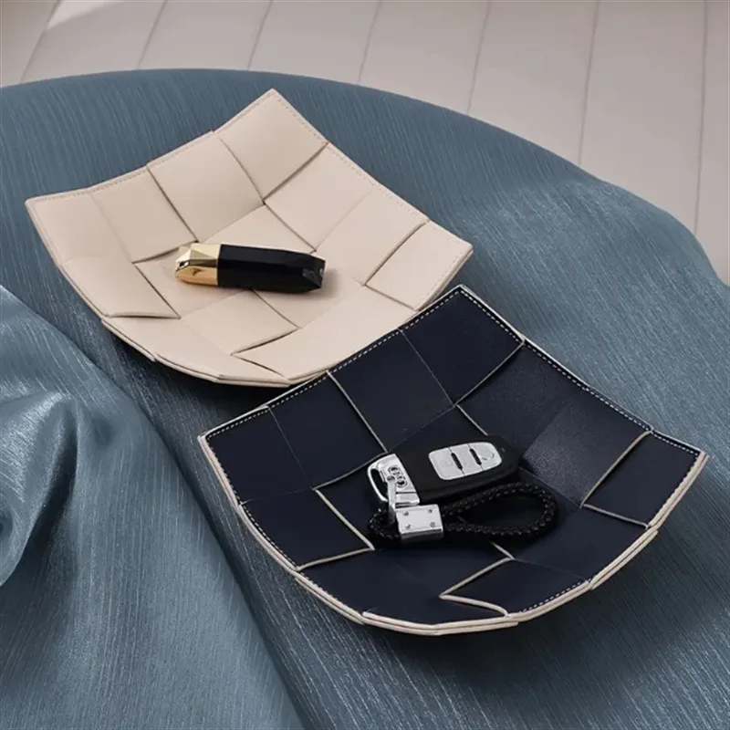 Wholesale Leather Desktop Organizer key leather tray woven double-sided household storage tray