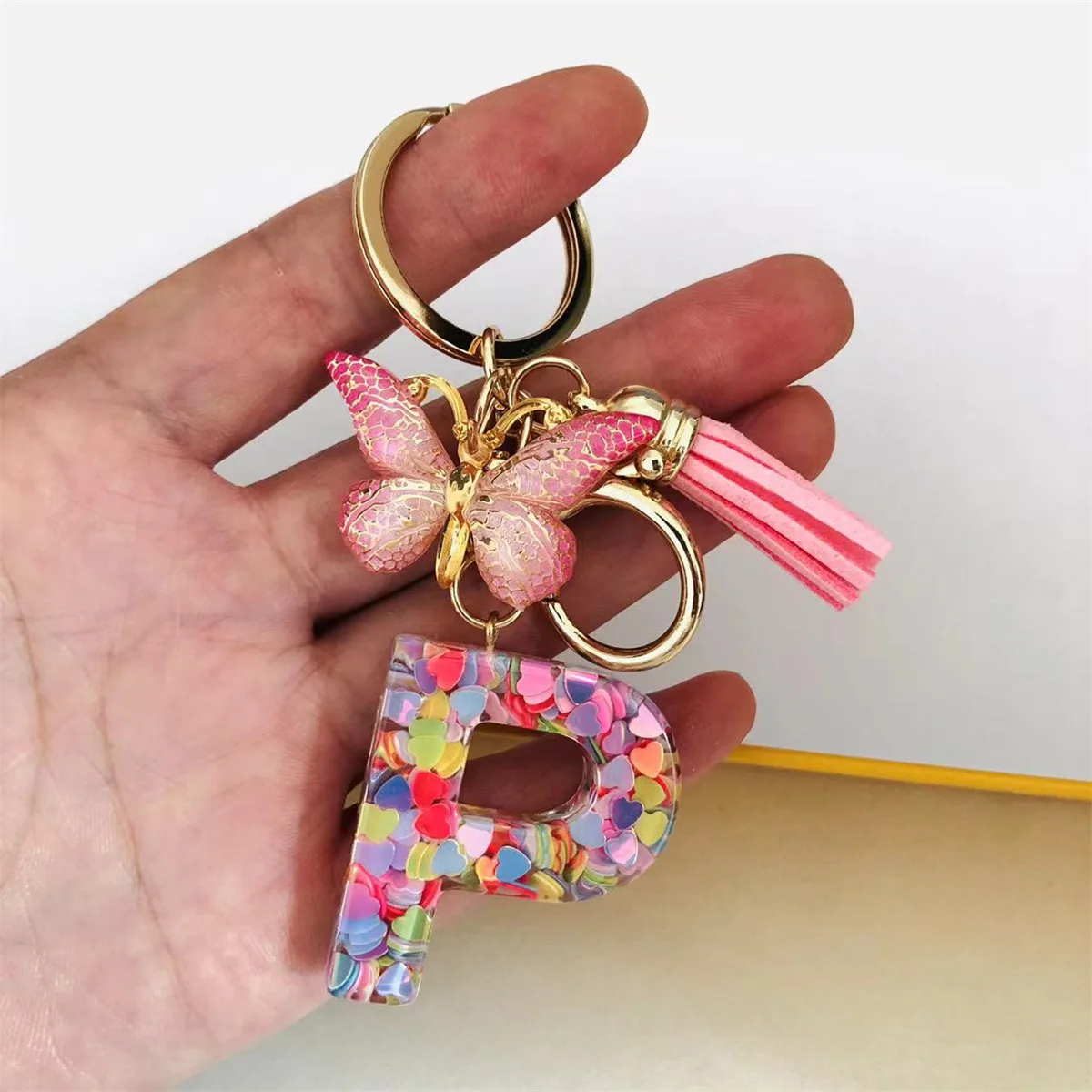 New Arrival Resin Crystal Glue Love Sequins English Letters Keychain With Butterfly Charms