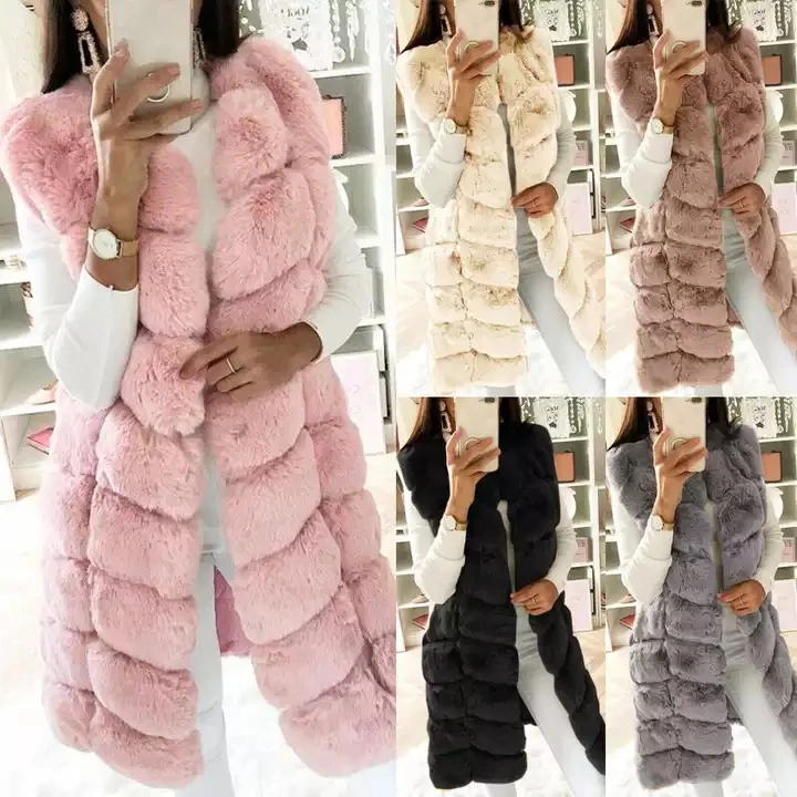 S-4XL Autumn Winter artificial wool vest cotton padded coat thickened plush vest winter long faux fur coats outdoor jacket women