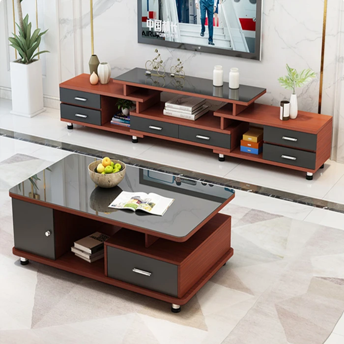 YQ Forever Tempered Glass Retractable TV Cabinet Coffee Table Combination Living Room Furniture