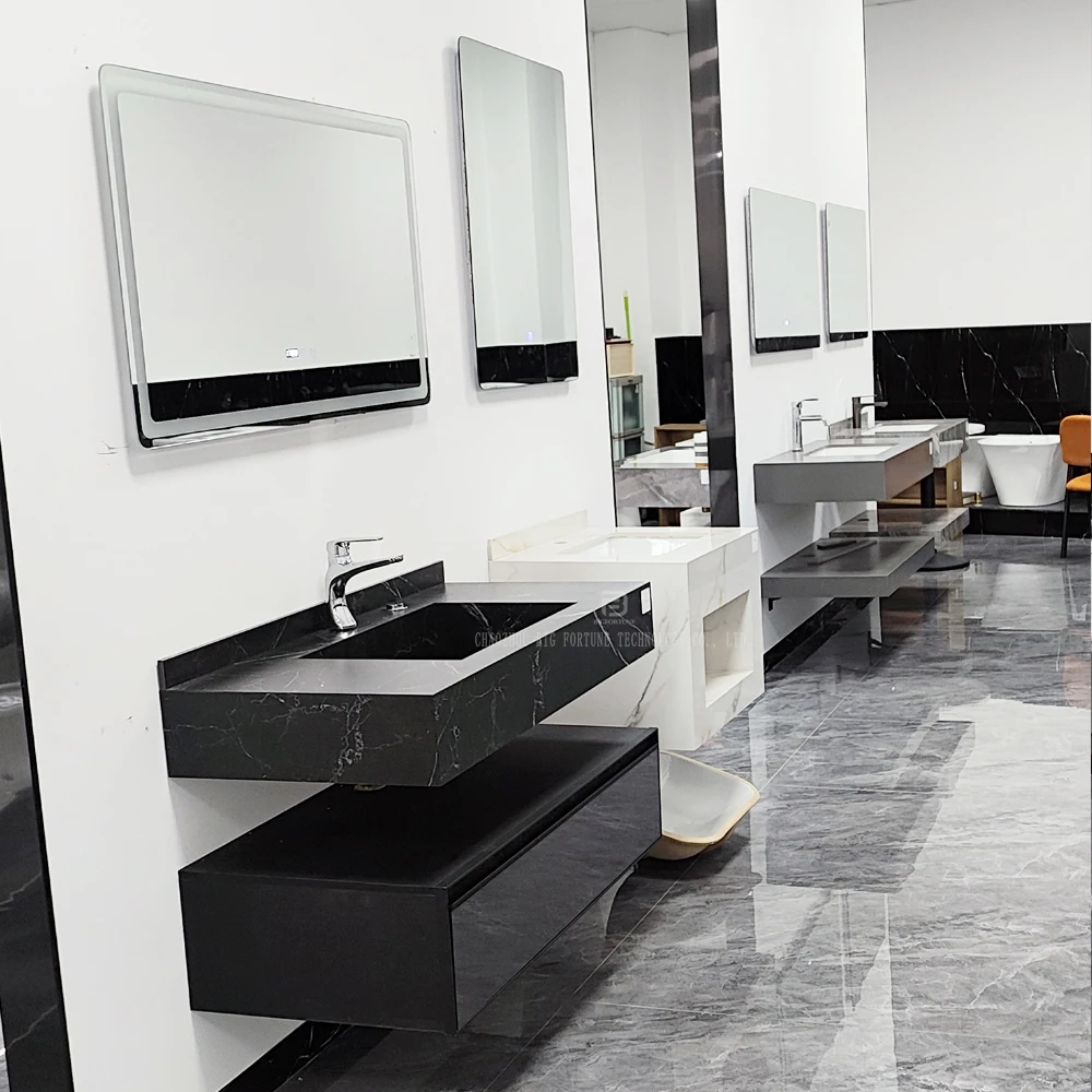 Factory sintered stone wash basin cabinet wall mounted marble top double sink bathroom vanity with mirror