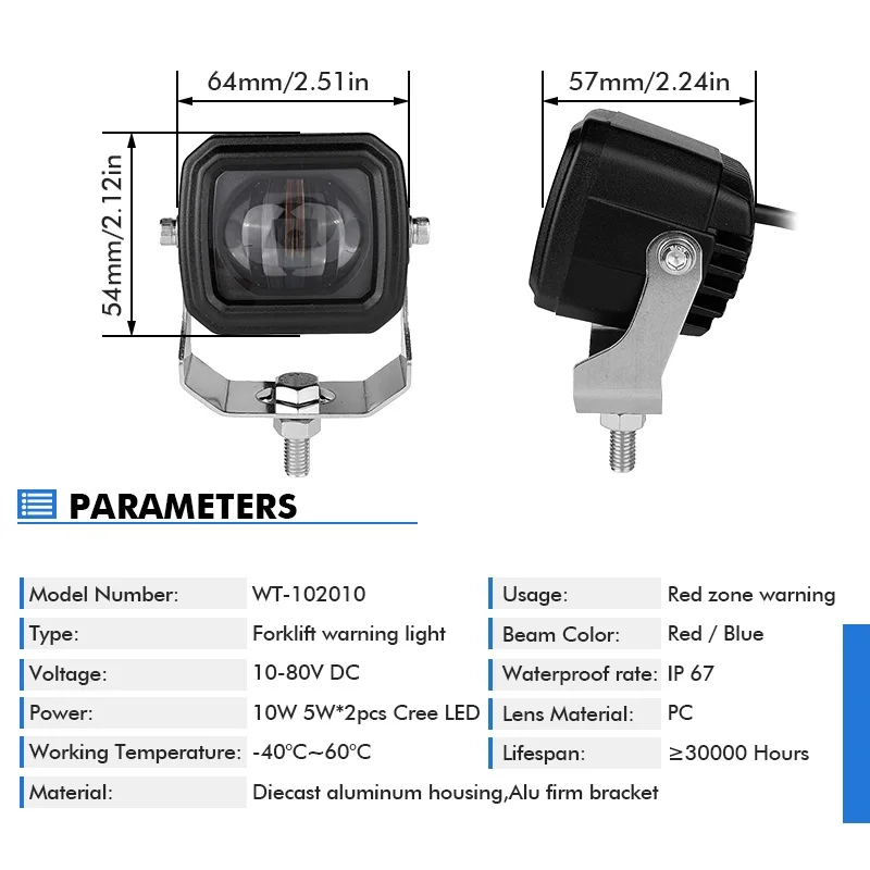 Lift Truck 10W Mini Safety Lamps DC 10-110V LED Red Zone Caution Lights Forklift Safety Warning Light