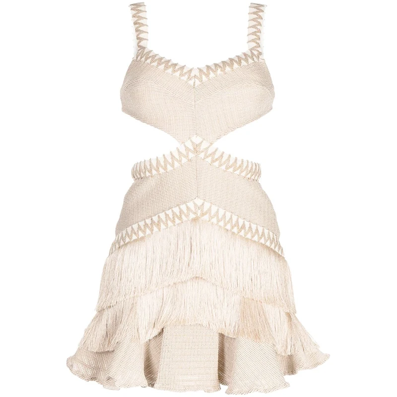 2024 Elegant Ladies Tailored Summer Fit V Neck Sleeveless Dress Casual Mini Dress Luxury Metal Cutout Tassel Dress