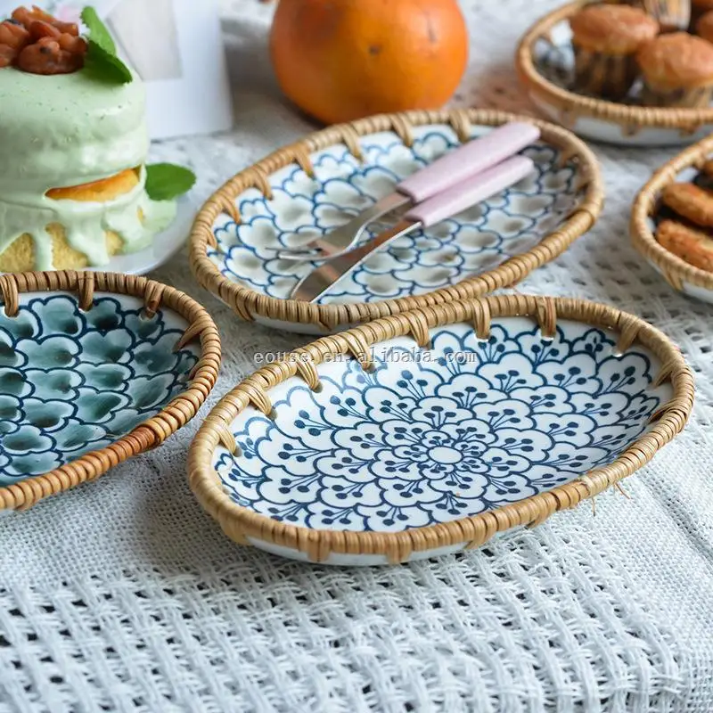 Rattan Ceramic Storage Tray Hand-Woven Fruit/Snack Trays Desktop Storage Crafts Ornament Oval Serving Decorative Ceramic Dish