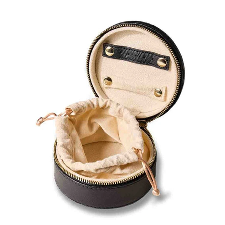 Women Storage Jewelry Box PU Round Travel Jewelry Case Small Leather Rings Studs Jewelry Case with Pouch inside