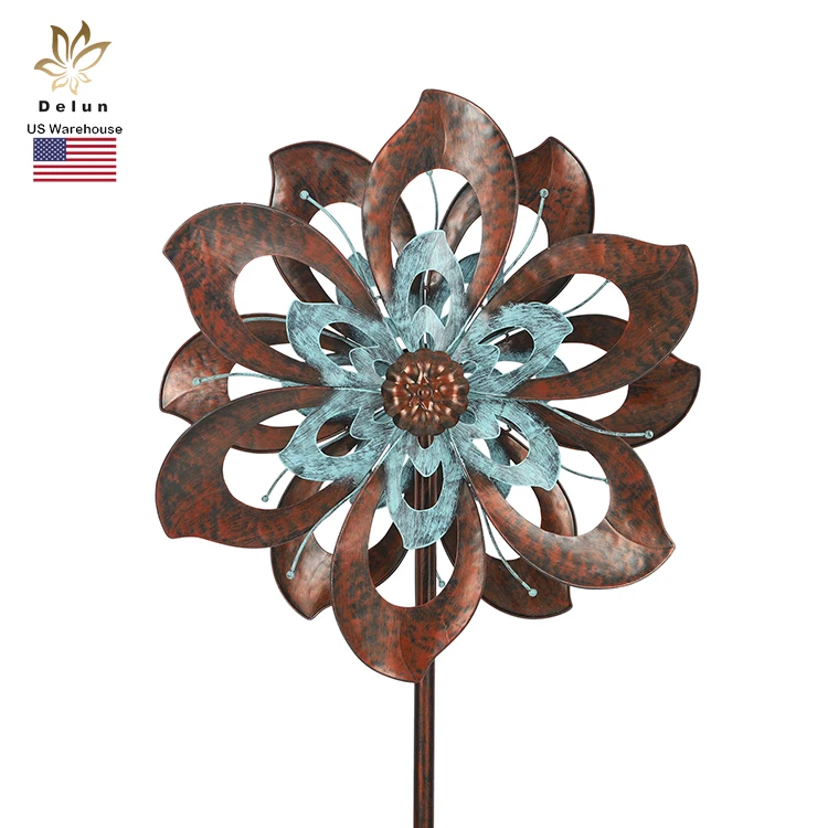 US Warehouse Garden Flower Windmill Metal Hanging and Stand Wind Spinner Kits With Hooks