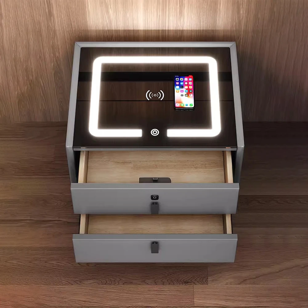 Luxury White Black Bed Room Furniture Wooden Smart Bedside Coffee Table Modern Nightstands With Usb Wireless Charging
