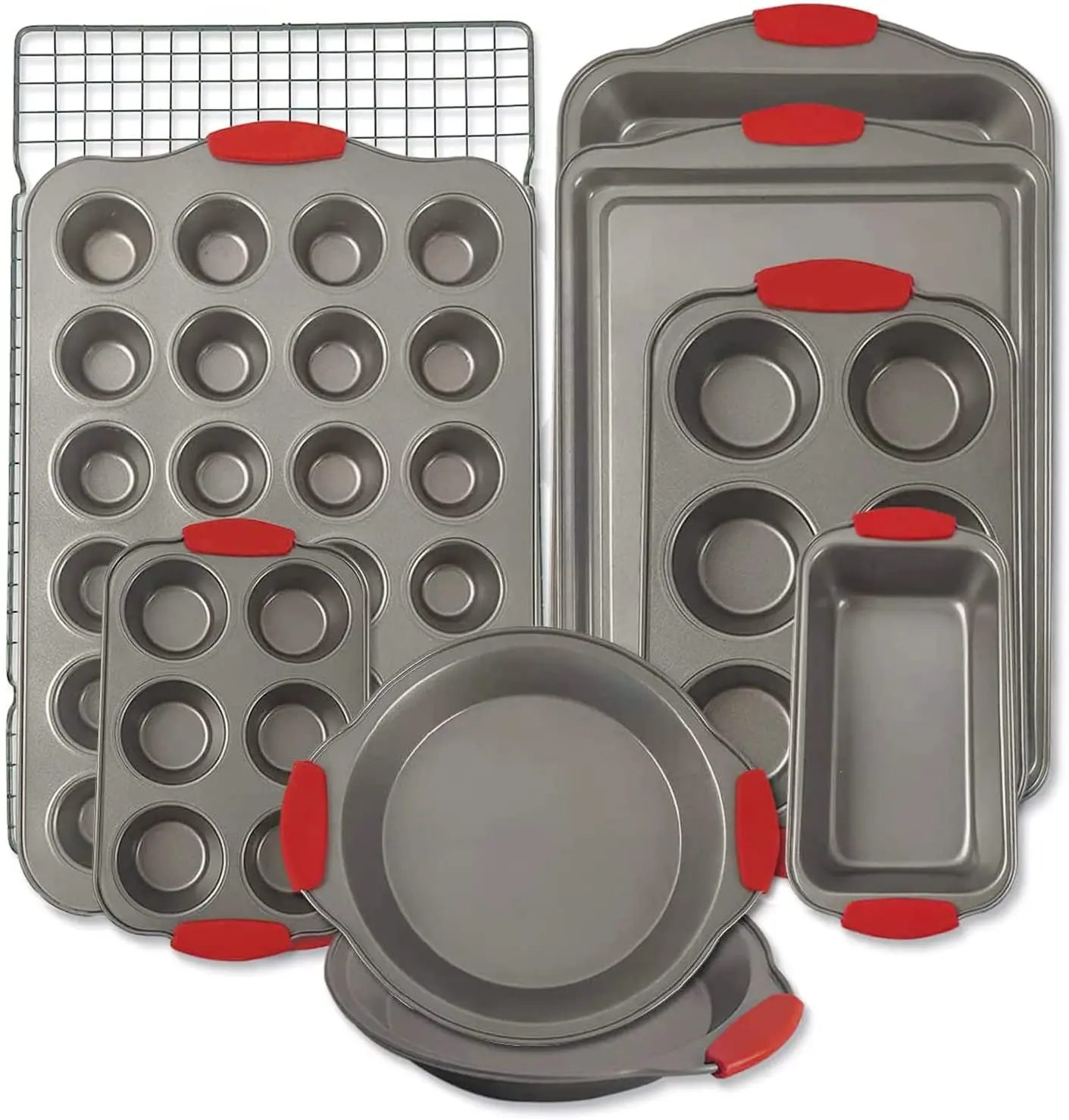 Carbon steel oven baking tray, cake tray, 9 pieces set of red silicone handle Nonstick Bakeware Sets with Red Silicone Handles