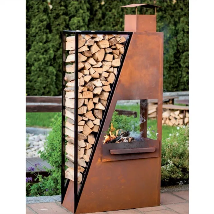 mid century modern outdoor patio triangle corten steel woodburning fireplace garden wood storage fireplace heater with bbq