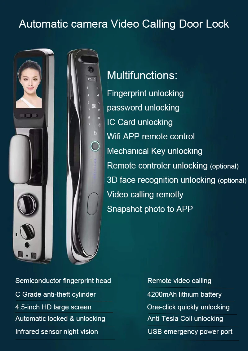 Hot Sale 3D Face LockDigital Door Lock With Camera Password Fingerprint Card Key With Video Intercom Funtion Lock For Home