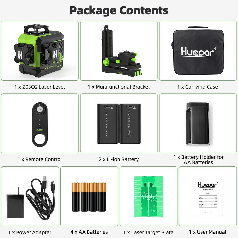 Huepar Z03CG Green Line Laser Self Levels Beam Pulse Manual Mode Separate Projection