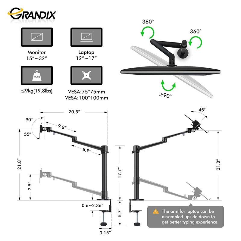 3in1 Aluminum Alloy Ergonomics Height Adjustable Flexible Triple  stand arms Dual Lcd Monitor Arm And Laptop stand holder