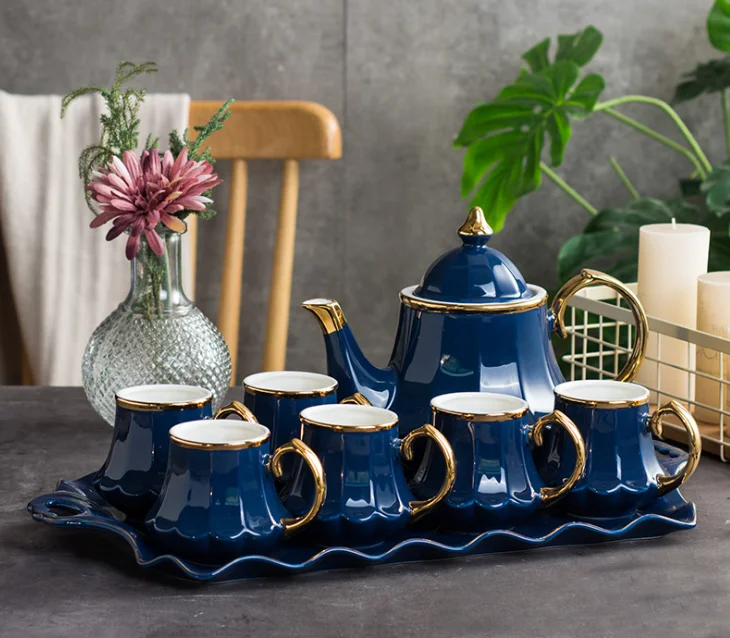 Royal Style Ceramic Coffee Tea Set Included Teapot Tea Cup And Tray Gold Trim Service For 6 Housewarming Gift For Tea Lovers