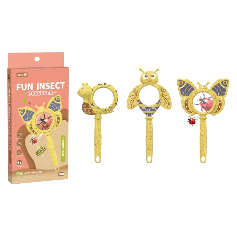 Premium wheat straw plastic toy magnifying glass outdoor exploration toys 3 types insect shape 3x zoom mini magnifying glass toy