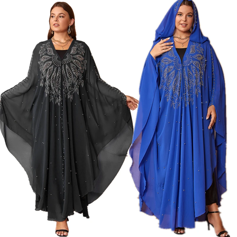 Fashion Kaftan Abaya Muslim Chiffon Hooded Boubou Dubai Turkey Caftan Maxi Dresses Islamic Clothing Elegant African Beads Dress