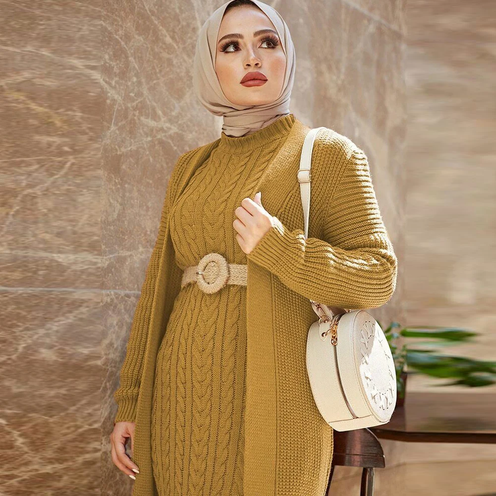 2023 High Quality Solid Color Muslim Women Clothing Women Dress New Season Autumn Winter 2 Piece Hijab Knitwear Suit Islamic Mus