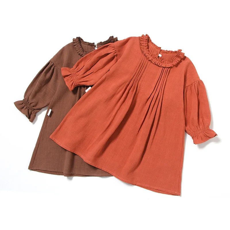 Beautiful Toddler Girls Long Sleeve Dresses High Neck Cotton linen Crepe Quality Children Dress Lovely Kids Korean Dress