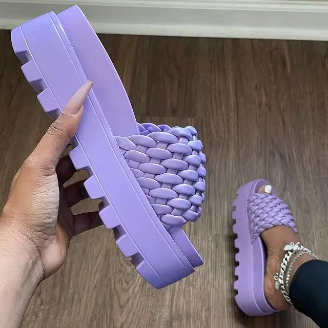 
2021 new summer solid color slippers increase woven shoes platform women sandals 