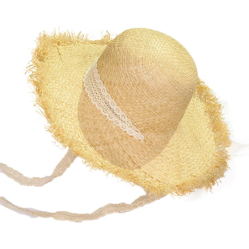 
Summer Raffia Straw Hat Women Hand-woven Fashion Lace Ribbon Adjustable With Beach Cap Sfloppy Wide Brim Outdoor Sun Hats 