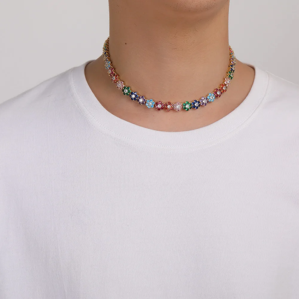 Trendy 2022 Fashion Summer Hip Hop Jewelry Iced Out Diamond Flowers Necklace Rainbow 9mm Floral Tennis Chains for Women Men