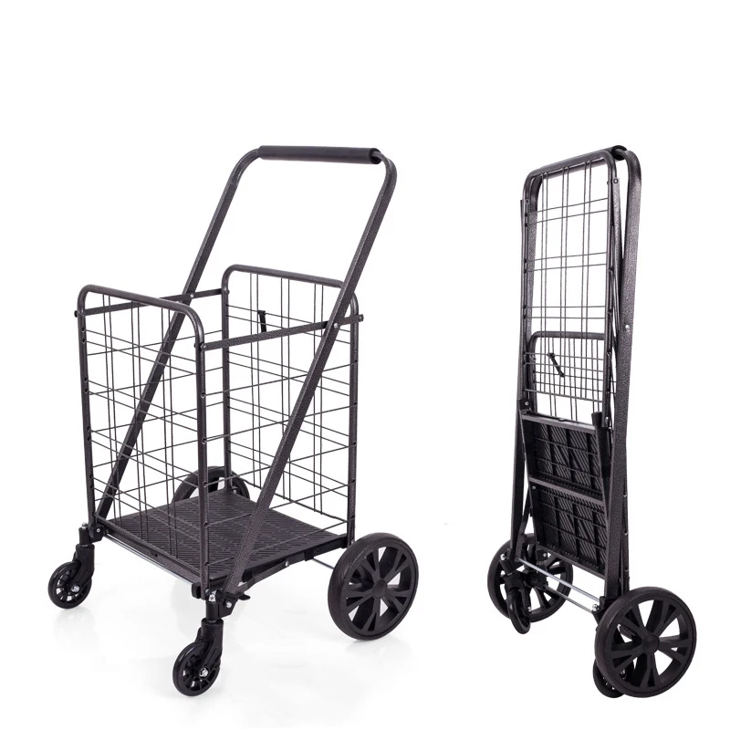 Economic Eco Friendly Black Foldable Basket Shopping Trolley Shopping Carts for Groceries With Metal Wire Basket