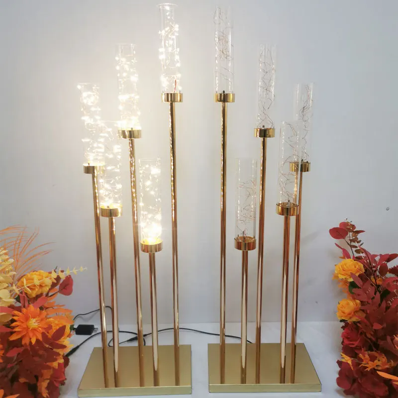 5 Heads Metal Candelabra Gold Candle Holder Acrylic Wedding Table Centerpiece Candlestick Candle Holders Candelabrum Decoration