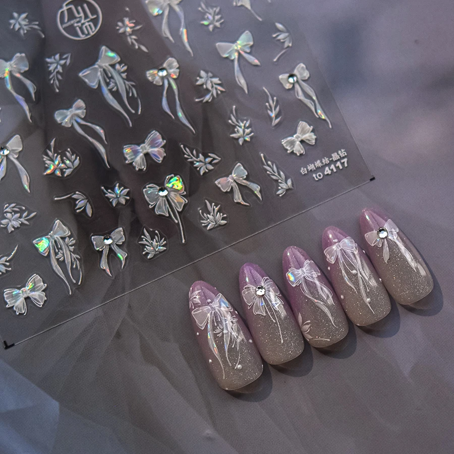 New arrival nail sticker adhesive 5d emboss crystal diamond pearl white ribbon nail decals