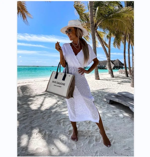 2023 White Crochet Tunic Bikini Cover-ups Sexy Hollow Out Long Dress V neck Women Summer Clothes Beach Wear Knitted Cover Up