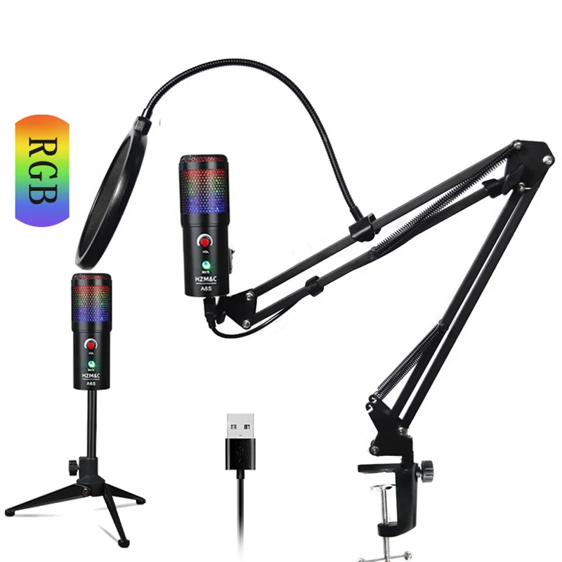 Professional RGB Lights Mic Studio Recording USB Condenser Microphone for karaoke gaming podcast live streaming