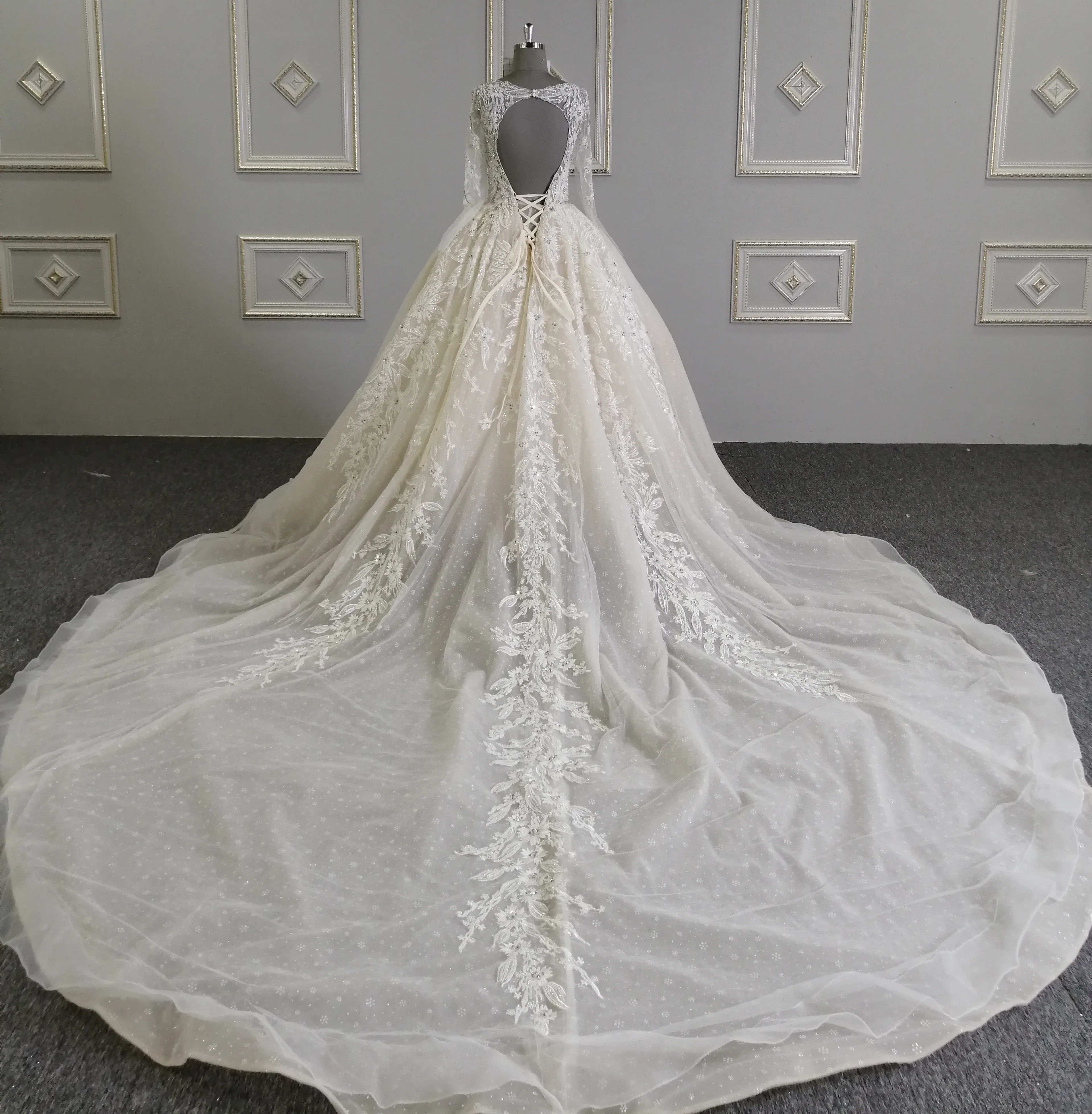 Latest Design Luxury Champagne Bride Gown 2019 Royal Train Lace Appliques Beaded Wedding Dress