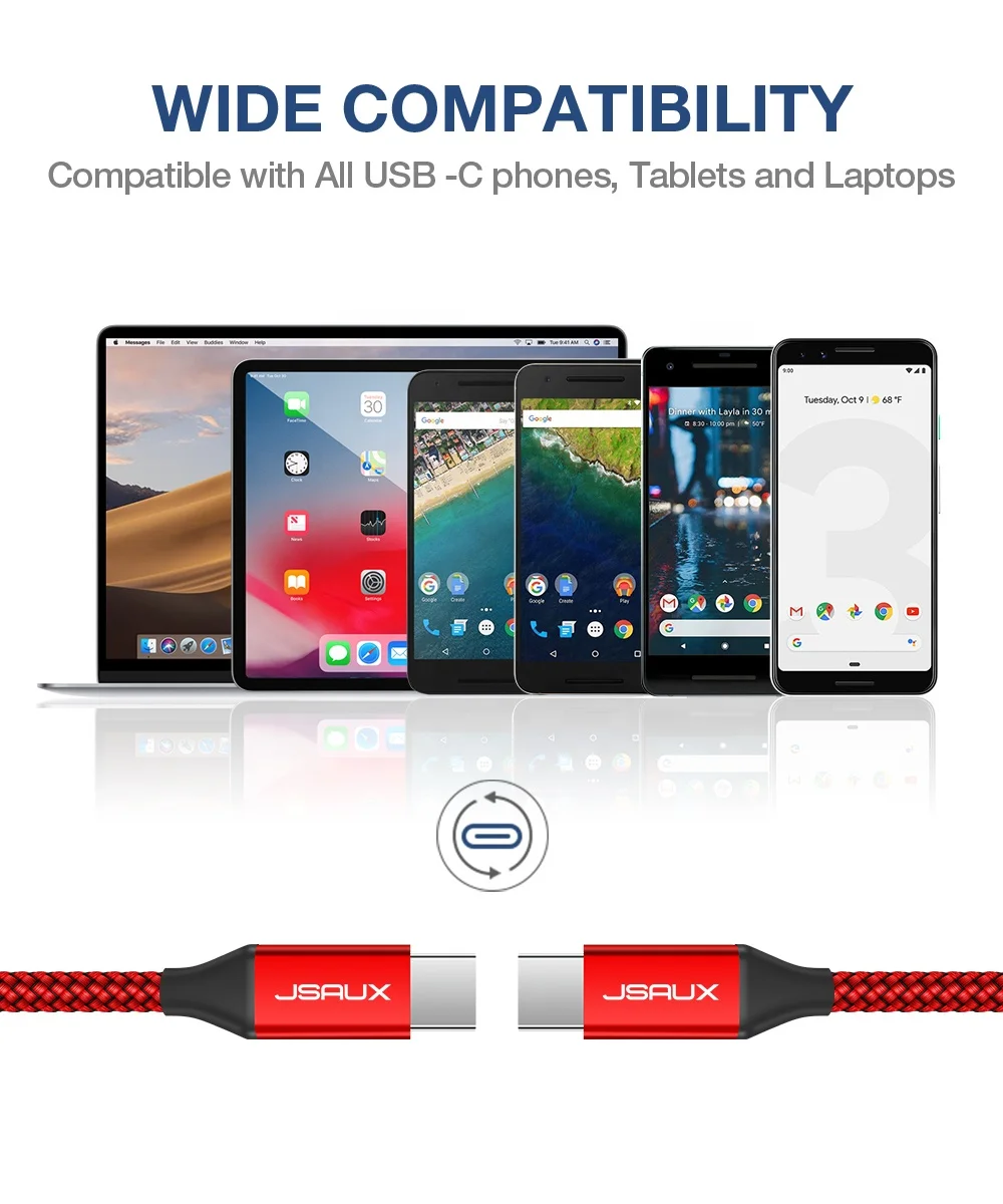 JSAUX USB C to USB C 60W Cable USB Type C Charger Cord Compatible with Samsung Galaxy S20+ Note 20 Ultra Note 10+ MacBook Pro