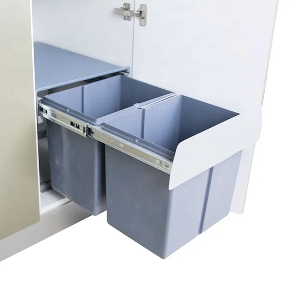 Gruwill 30L Pull Out Dual Trash Can 2 x 16 Quart (32 Qt) Cabinet Double Recycling Trash Can Kitchen Waste Bin for 400mm Cabinet