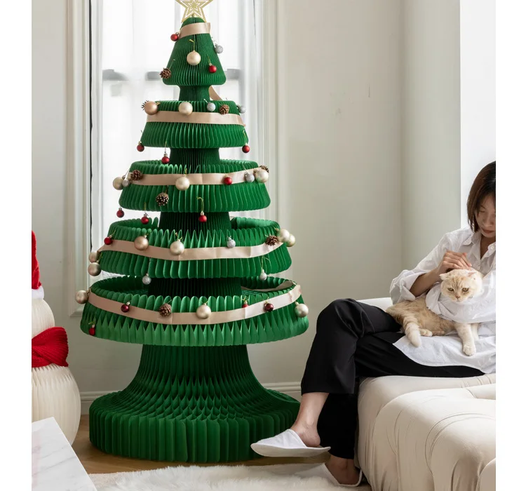 60cm 230cm 300cm Hot Selling Foldable Party Decoration Recycle 3D Xmas Tree Honeycomb Paper Custom Green White