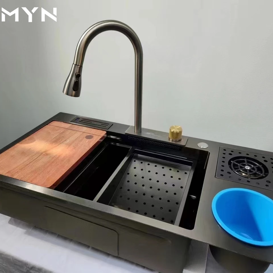 MYN 2023  Big Lengthen Customized 304 Stainless Steel Handmade Waterfall Faucet  Kitchen Sinks With Trash Can
