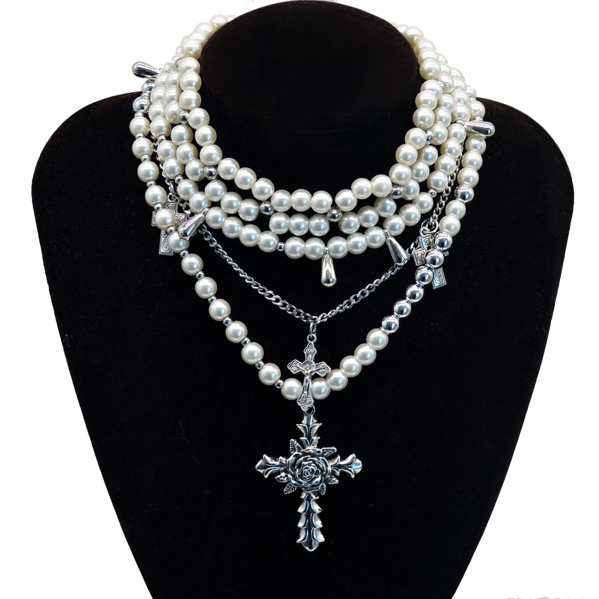 NT100 Fashion Multi Layer Pearls Necklace Women Cross Pendant Necklace Jewelry