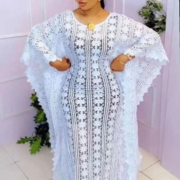 Africa Muslim fashion hollow out loose lace elegant robe with inner skirt two pieces sets ramadan abaya kaftan Islamic clothing