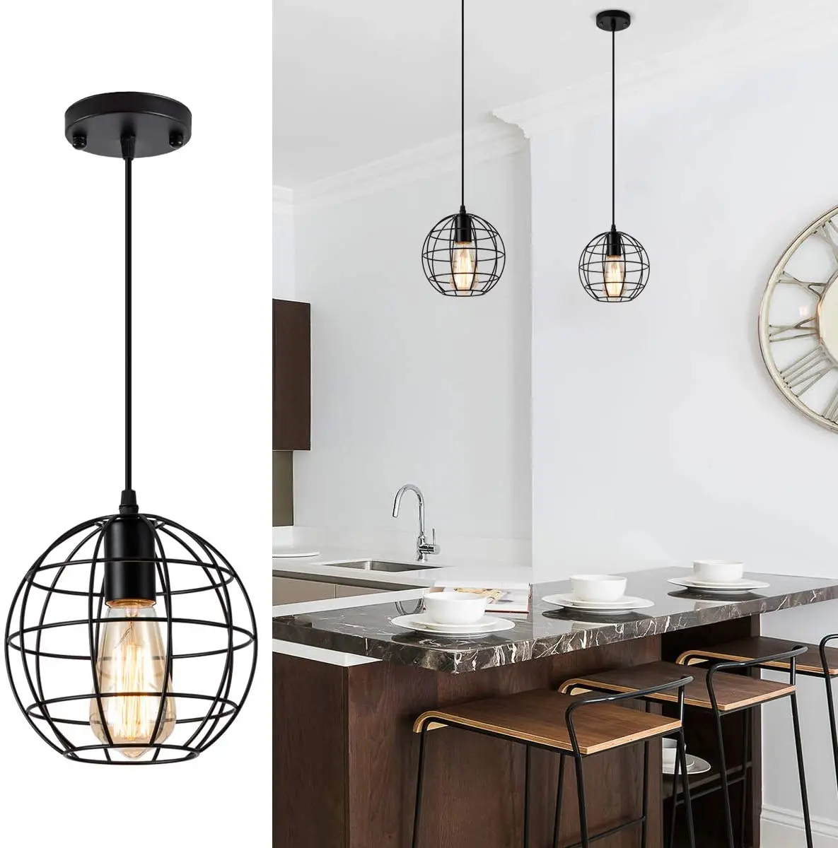 Pendant Lights Nordic Black Metal Cage Modern Lighting Fixtures Iron Cage Kitchen Vintage Adjustable Hanging Lamps Chandeliers